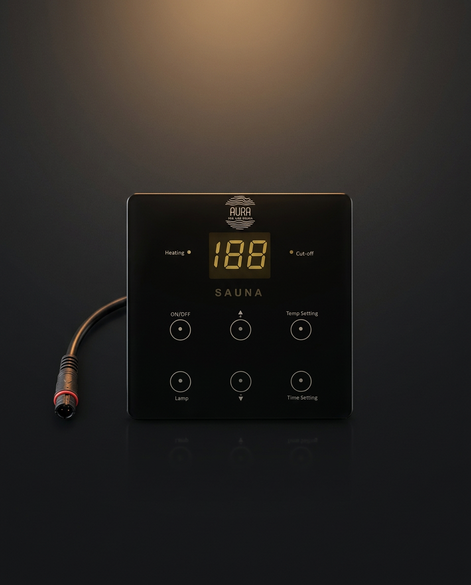 Aura heater glass touch control panel showing temperature, timer and lamp controls