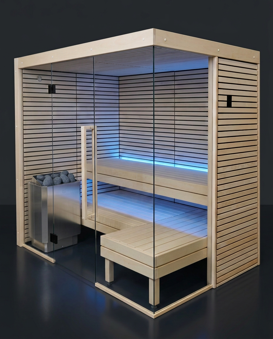 Sauna cabin lit in cool blue light