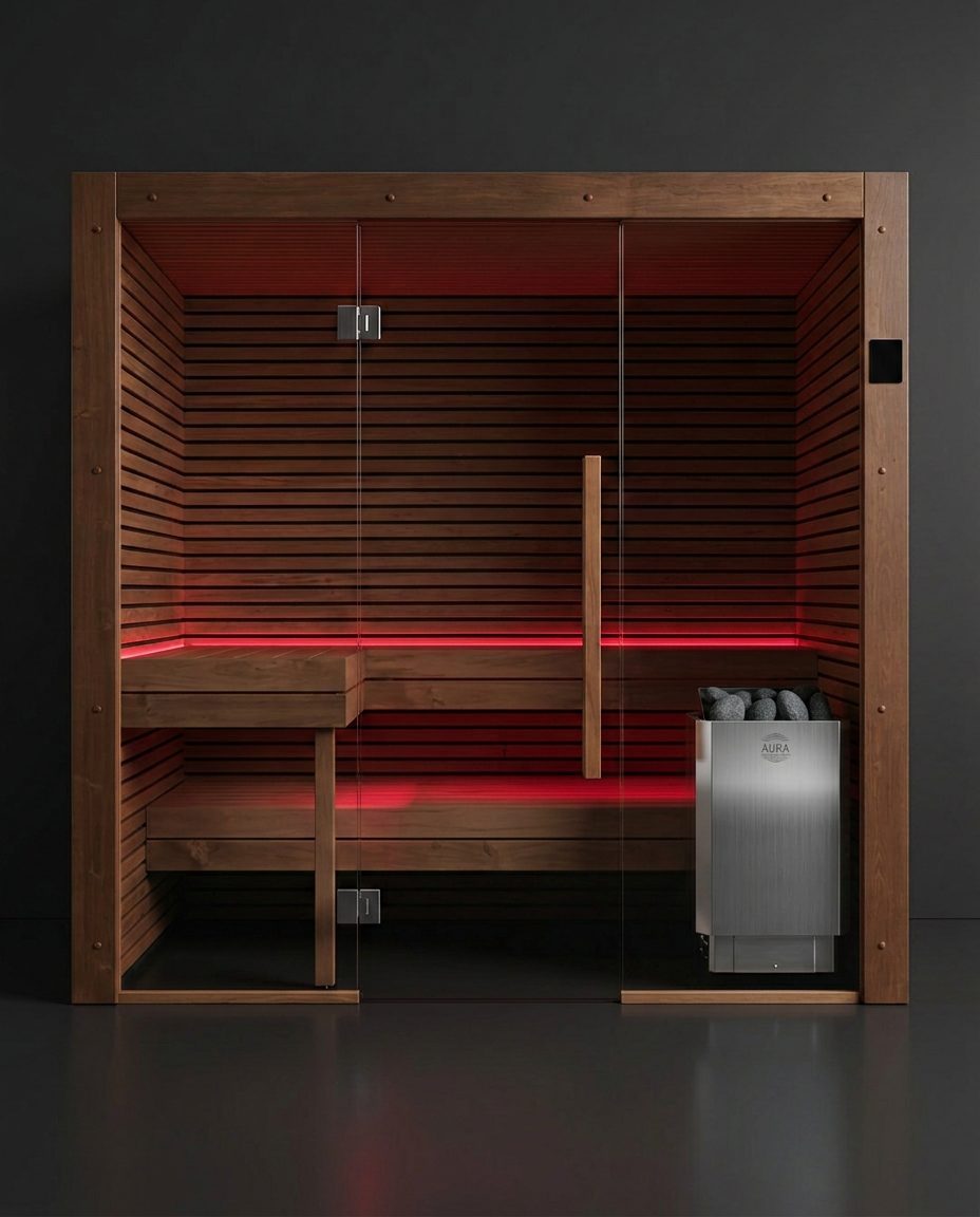 Sauna cabin lit in red light
