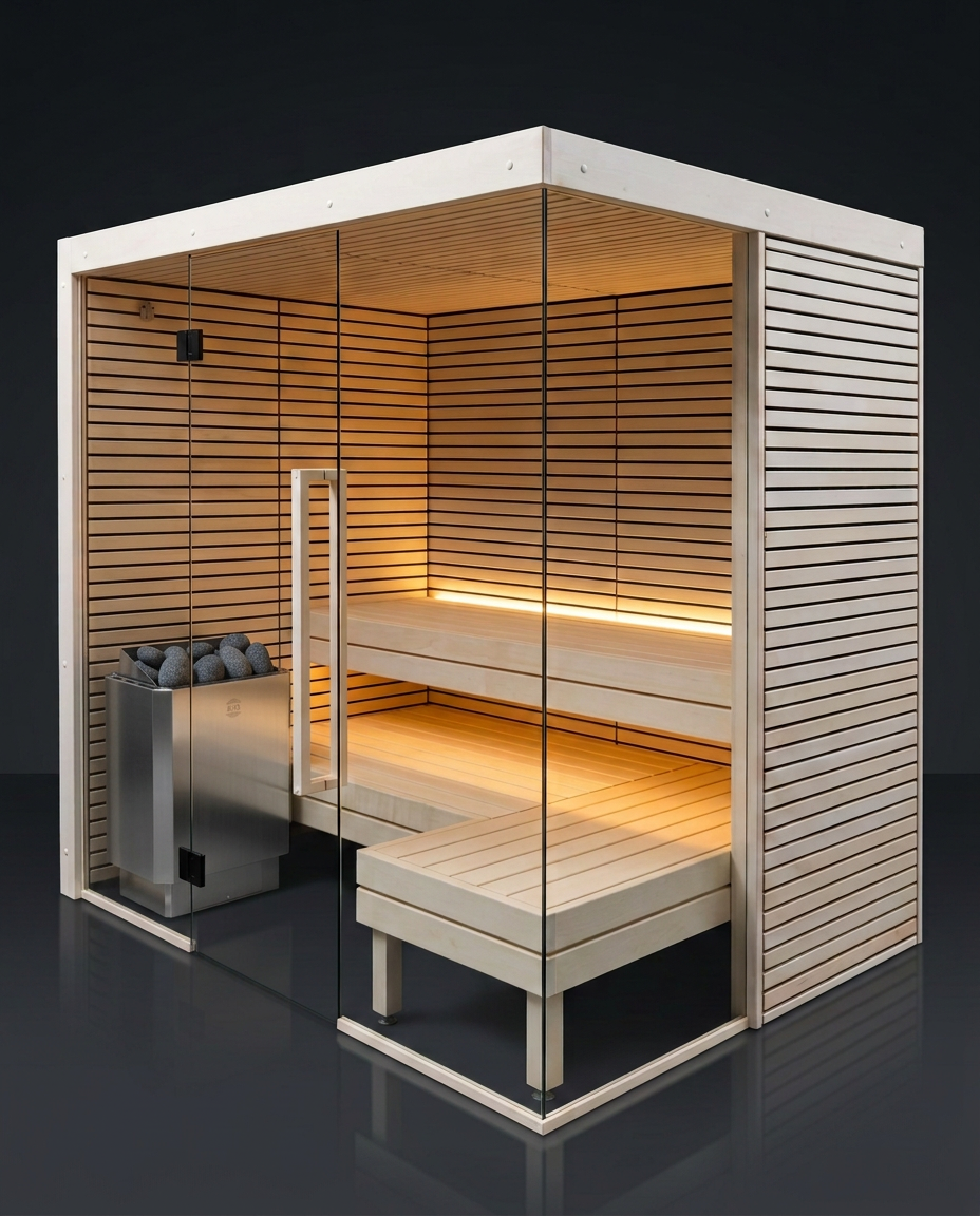 Aura sauna cabin with glass walls lit in warm light