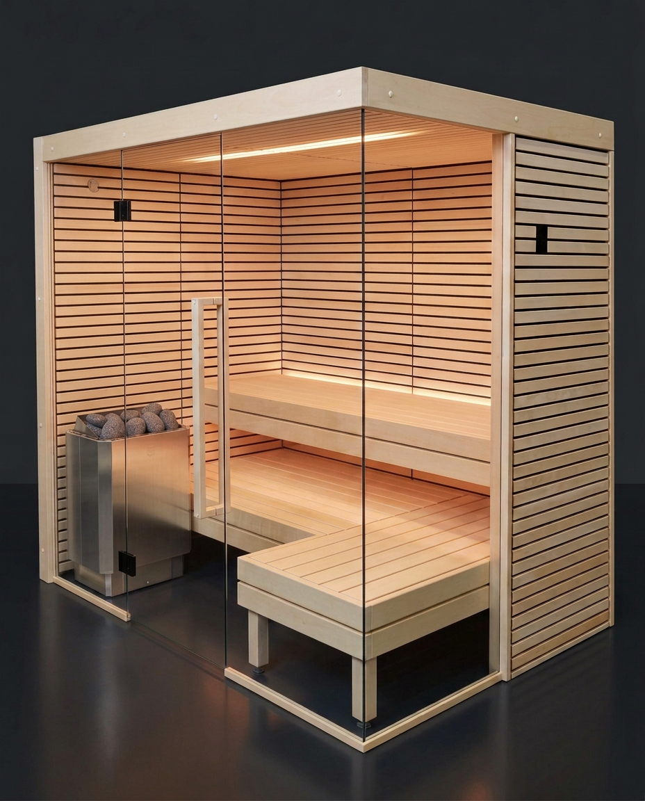 Aura Stripes sauna cabin with striped slat walls and colour lighting — Aspen interior