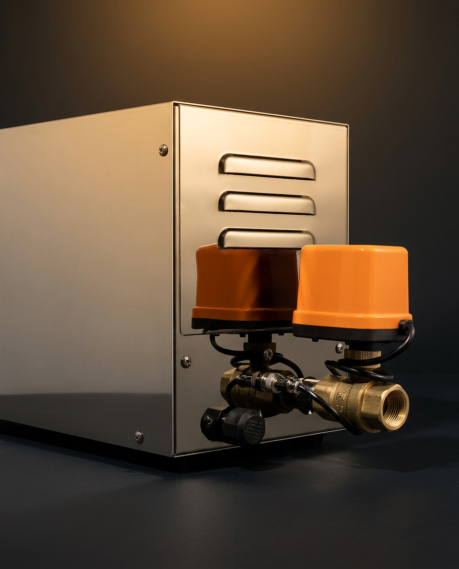 Aura steam generator with motorised water inlet and drain valves
