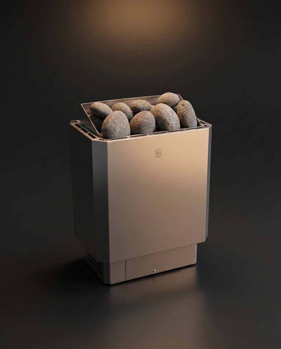 Kaamos Steel Compact wall-mounted sauna heater in brushed stainless steel